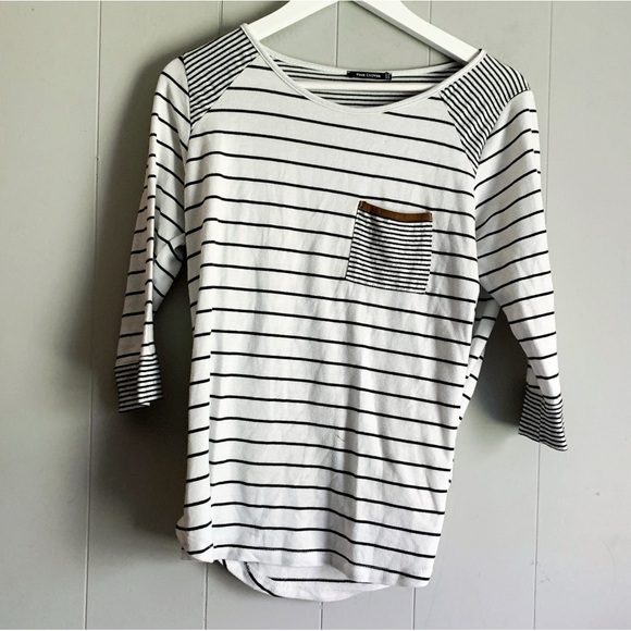 PINK CLOVER Curved Hem 3/4 T-SHIRT Mariniere Striped Pullover M - Picture 1 of 3